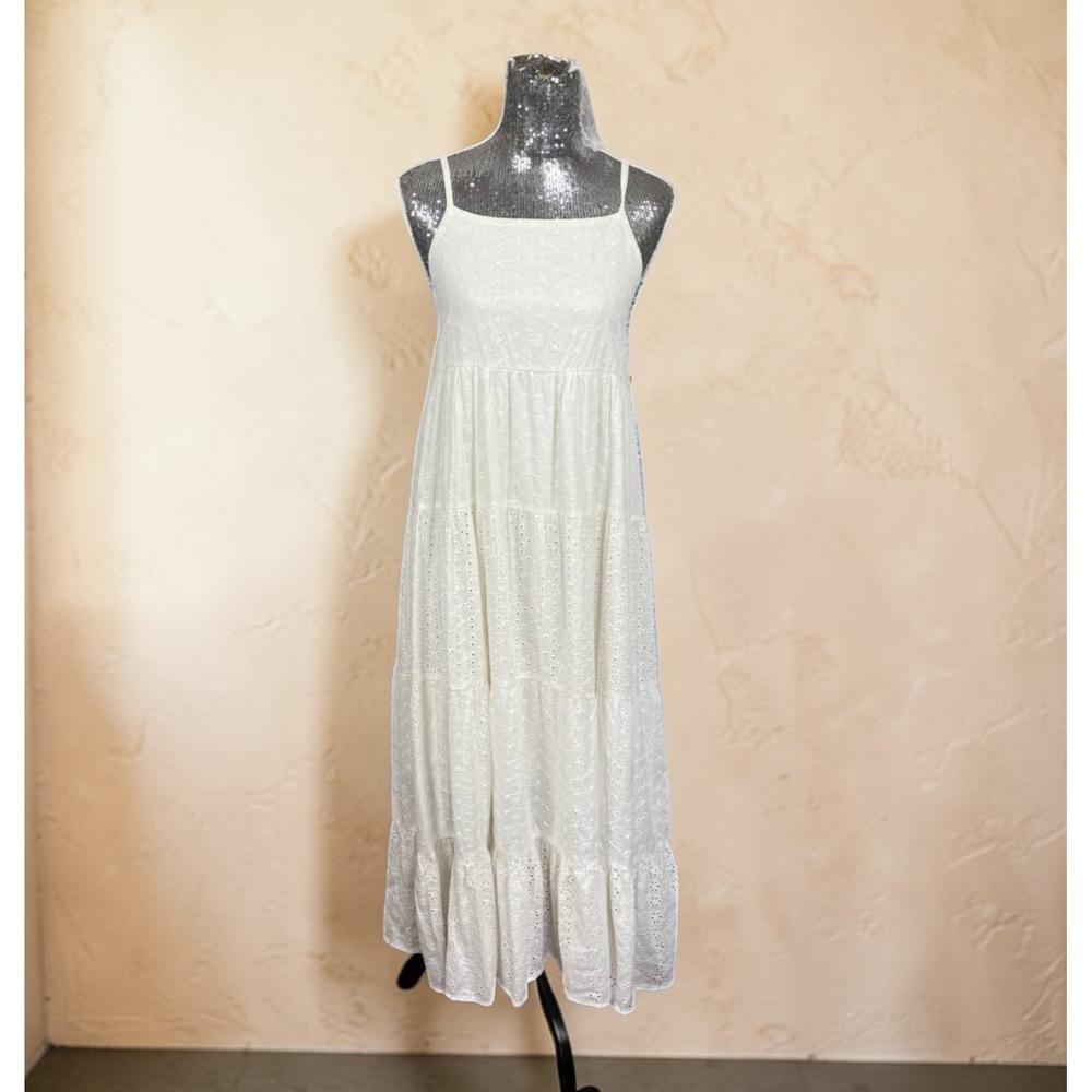 Cotton‎ Eyelet Tiered Maxi Dress Cream Boho Cottage Festival Spaghetti Strap S/M